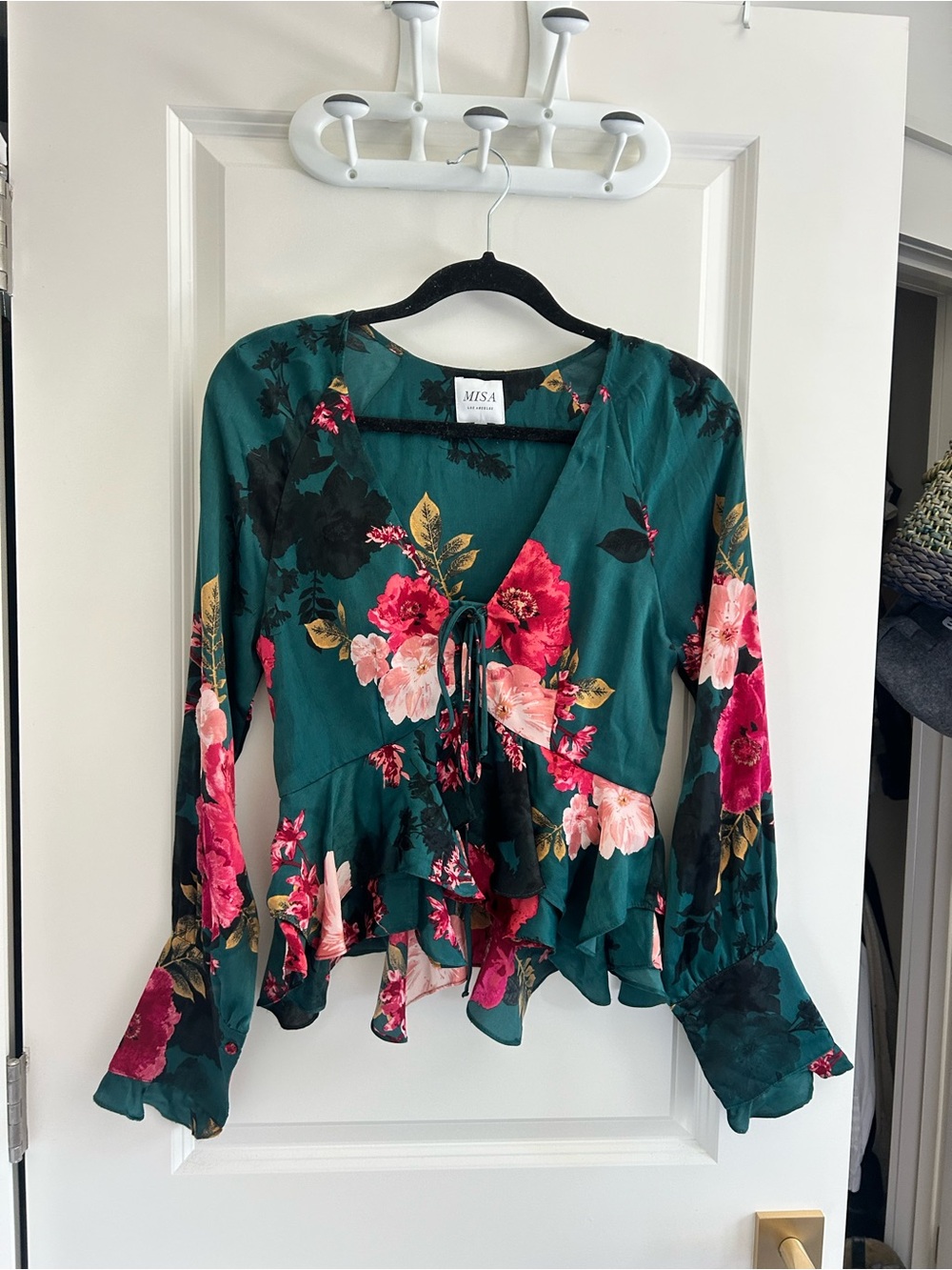 Misa Los Angeles Teal Floral Tie-Front Ruffle Blouse